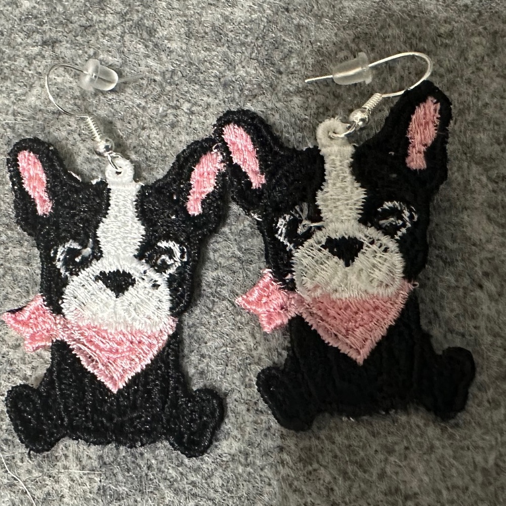 Adorable Frenchie Embroidered Free Standing Lace Earrings